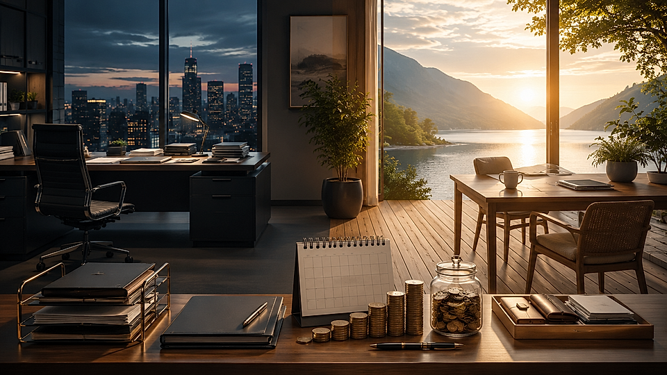 Modern office with city skyline at dusk and lakeside workspace with sunrise, desk supplies, and stacked coins