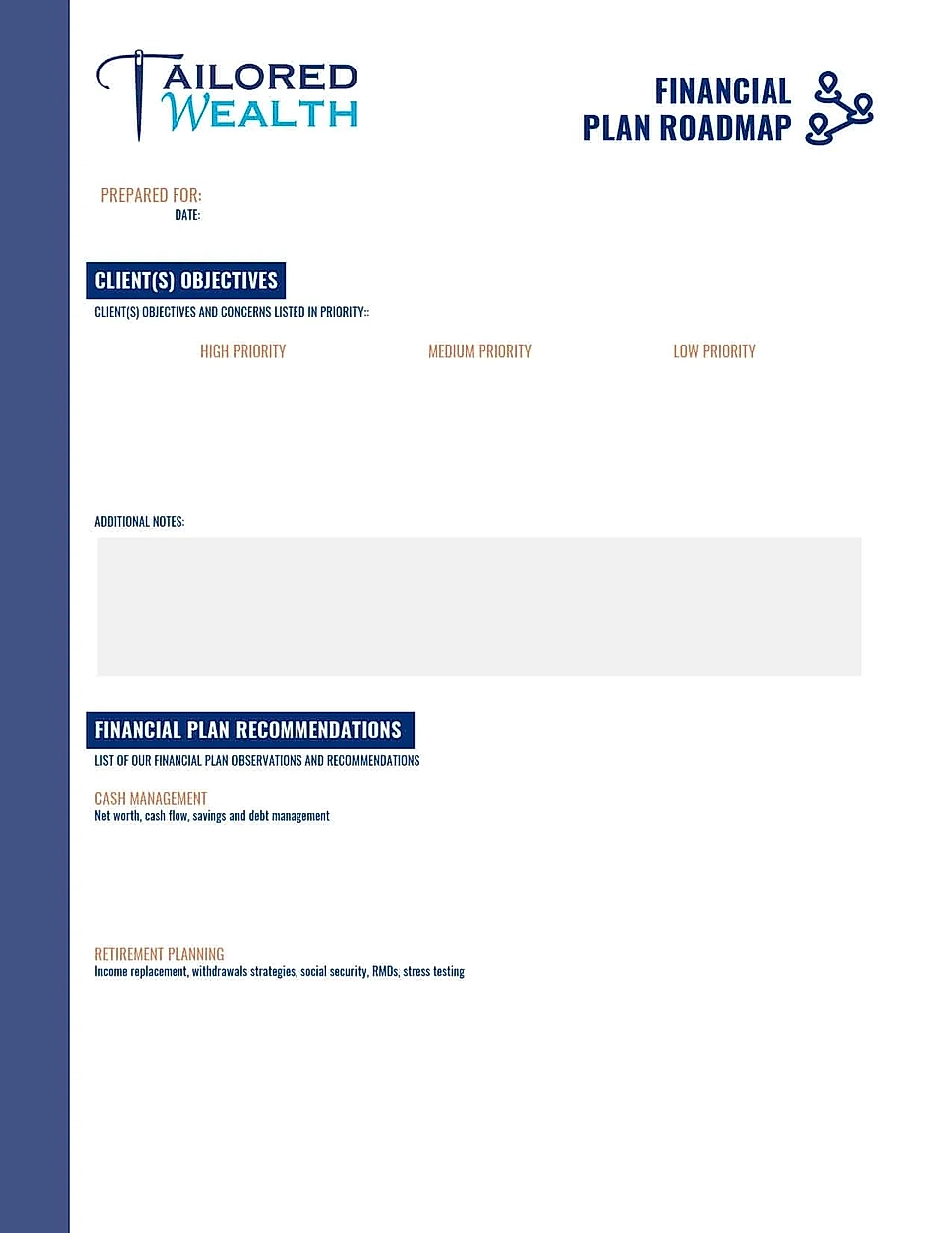 Financial plan roadmap document outline with sections for client objectives and recommendations on cash management and retirement.