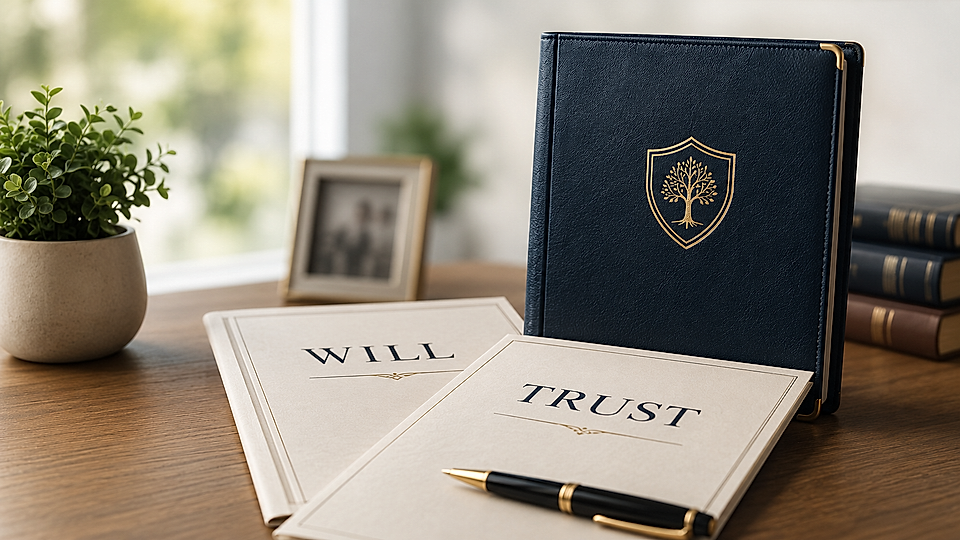 Will and trust estate planning documents with pen on desk beside a leather binder and potted plant
