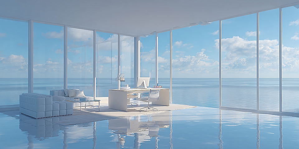 Modern office interior with large windows, ocean view, sleek furniture, and polished floor reflecting natural light.