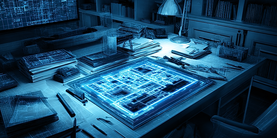 A desk cluttered with blueprints, tools, and a glowing holographic design board, set in a modern workspace.