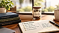 Desk scene with tax strategy books, a jar labeled charity, and notes listing giving vehicles.