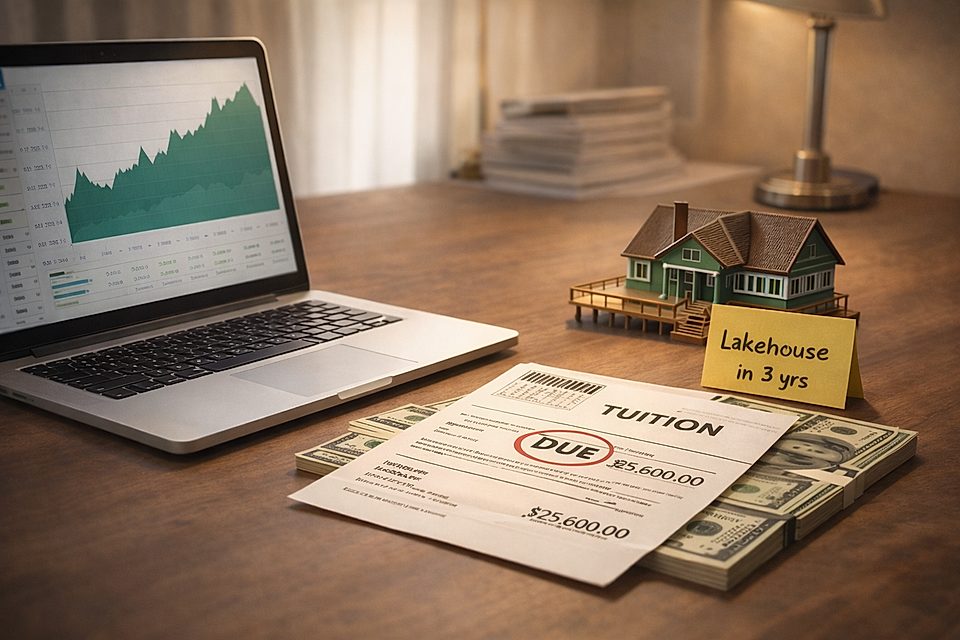 A laptop displays financial graphs, alongside a tuition due invoice and a model lakehouse on a desk with cash.