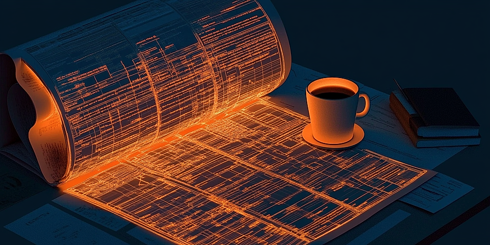 A rolled blueprint glowing orange on a desk, next to a coffee cup, with additional papers and a notebook in view.