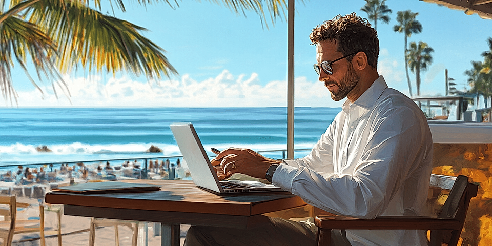 A man in sunglasses works on a laptop at an oceanfront cafe, with palm trees and beach in the background.