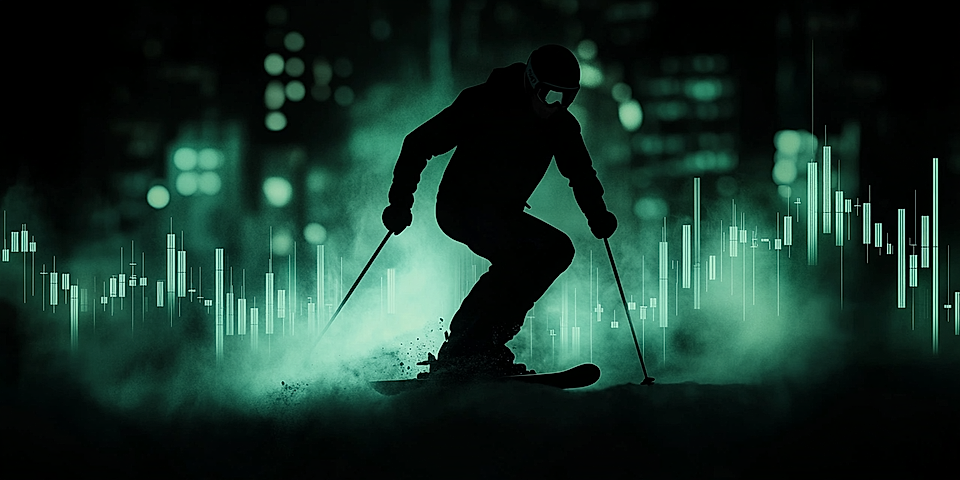 Silhouette of a skier in motion against a dark green cityscape and abstract graph elements.