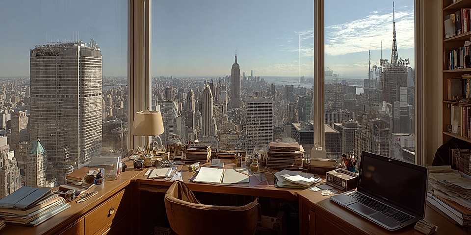 A spacious office desk with clutter, overlooking a panoramic view of New York City skyline including the Empire State Building.