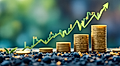 Stacks of gold coins on gravel with a green growth chart illustrating financial increase and investment.