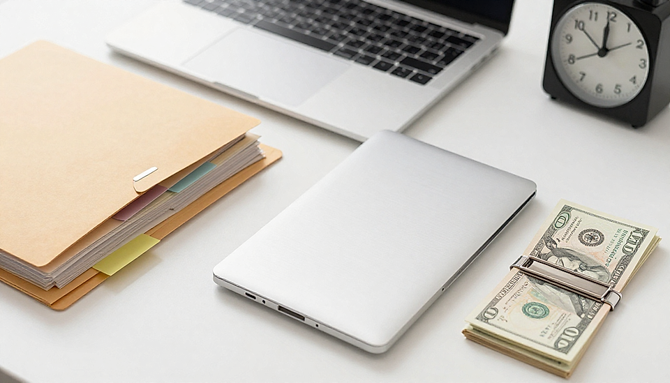 A workspace featuring a laptop, folder with colorful tabs, stack of cash, and an analog clock on a white desk.