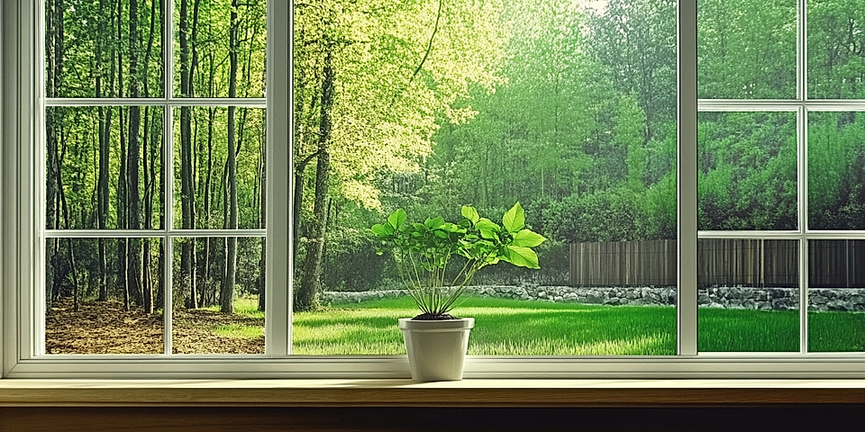 A view from a window showing a green outdoor landscape with trees, grass, and a small potted plant on a windowsill.