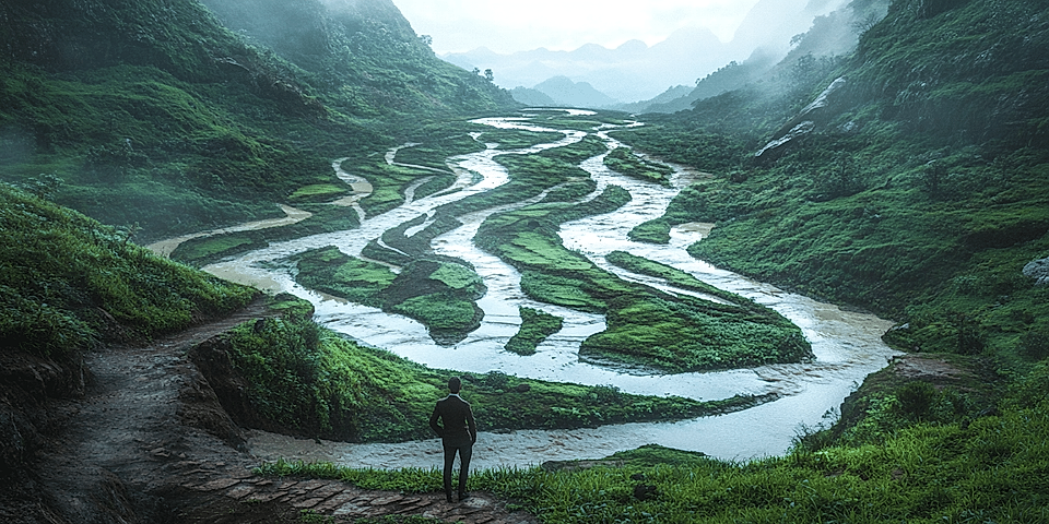 Lush green valley with winding river and terraced fields, under a misty sky, viewed from a rocky path.