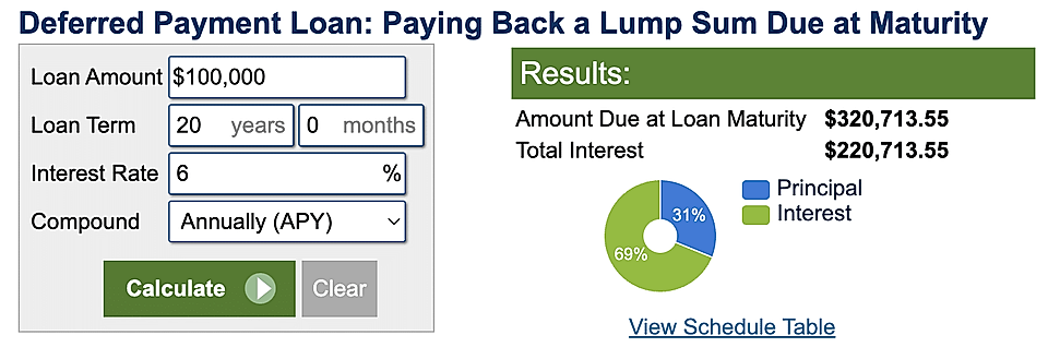 Calculator for a deferred payment loan showing $100,000 loan amount, 20-year term, 6% interest, total due $320,713.55.