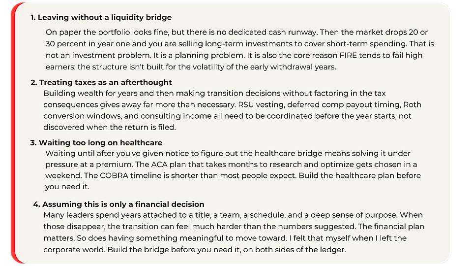 Infographic listing four retirement transition mistakes: liquidity bridge, taxes, healthcare, and purpose.