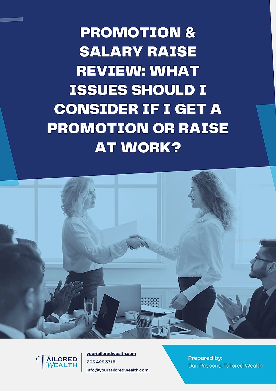 Image shows a professional meeting with a handshake, discussing promotions and salary raises, with laptops and documents.