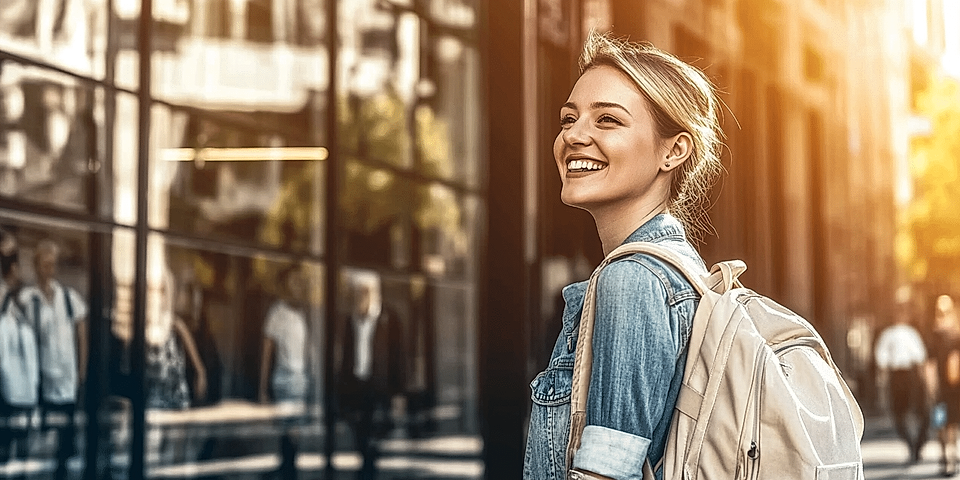 Smiling young woman with a backpack stands outside a building with glass windows and reflections of passersby.