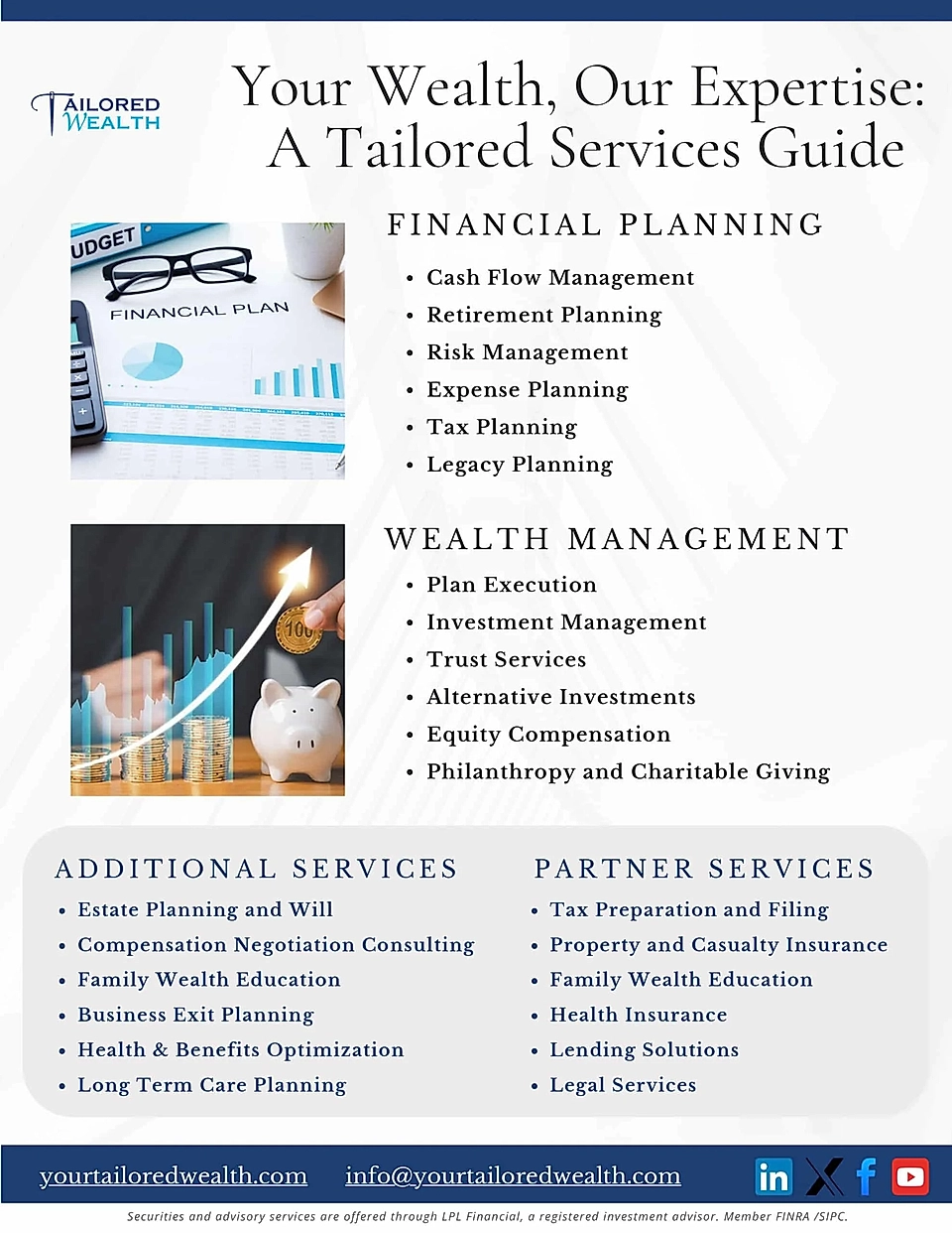 Infographic outlining tailored financial and wealth management services, including planning and partner services.