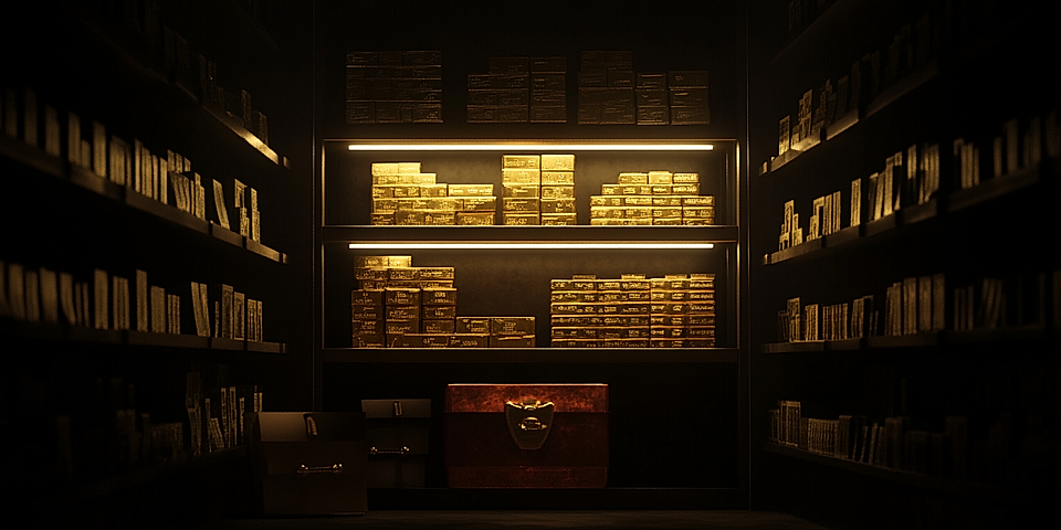 A dimly lit storage room filled with golden stacks and organized boxes on shelves, featuring a highlighted red chest.
