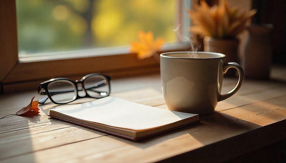 A cozy workspace featuring a steaming coffee cup, glasses, and an open notebook by a window with autumn leaves.