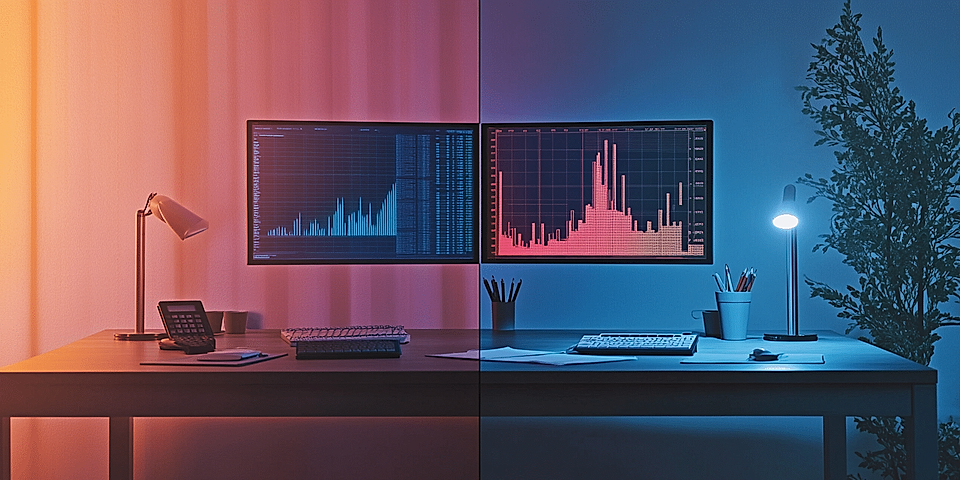 An office desk divided by color, featuring two monitors, a desk lamp, and a plant, with data charts displayed.