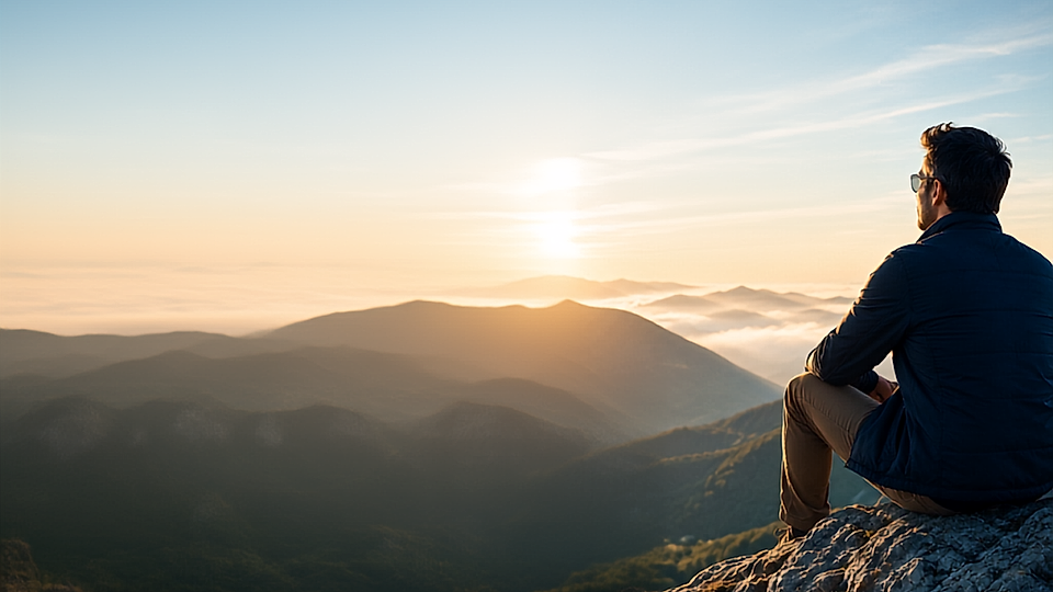 Man sitting on a mountain cliff at sunrise overlooking misty layered mountains and the horizon
