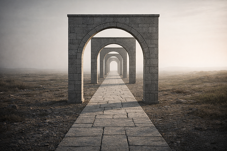 A perspective view of stone arches along a pathway in a barren landscape, under a foggy sky.
