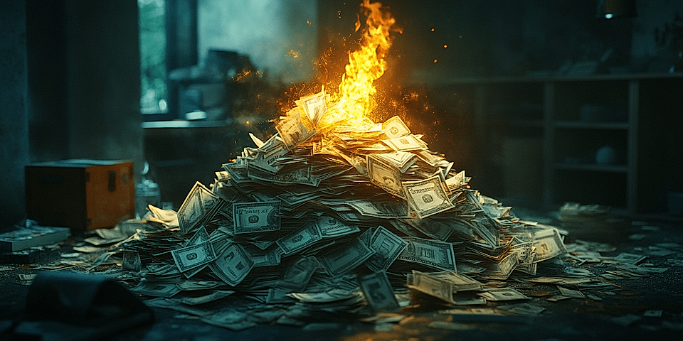 A large pile of cash notes burning brightly in a dimly lit room with scattered bills on the floor.