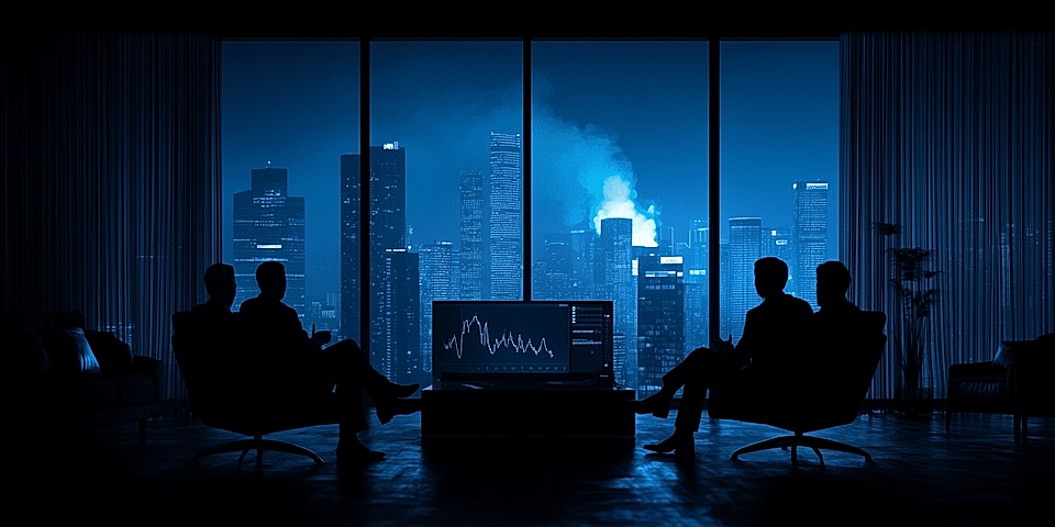 Silhouetted figures in an office watching city skyline and data analysis on a screen, illuminated in blue tones.