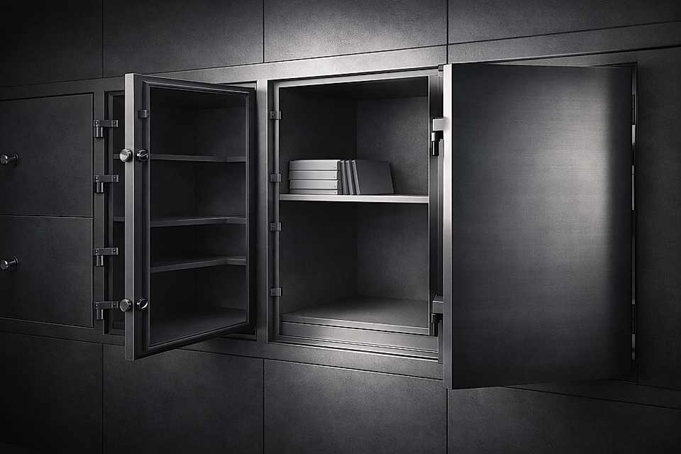 Metal vault or safe with open doors, displaying shelves and stacked books inside, set against a dark backdrop.