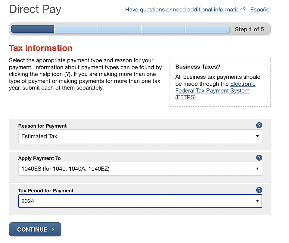 Screenshot of a tax payment form titled 'Direct Pay', with fields for payment reason, type, and tax year.