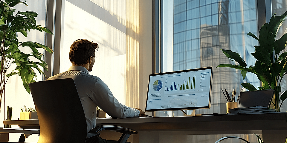 A professional man sits at a desk with a computer displaying data charts, surrounded by plants and cityscape views.