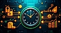 A digital clock surrounded by icons representing finance, time, and data analytics, on a tech-themed background.