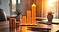 A desk with a rising bar graph symbol, stacks of coins, and office supplies, illuminated by soft light.