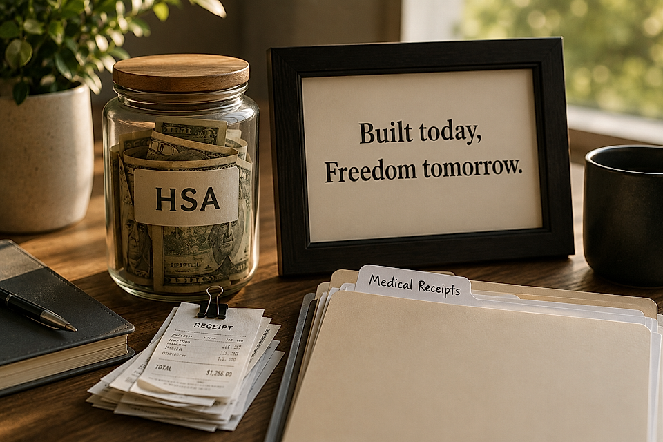 Desk setup with an HSA jar, medical receipts folder, and framed finance message