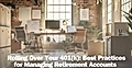 Modern office space with desks, chairs, and windows; text overlay about managing retirement accounts.
