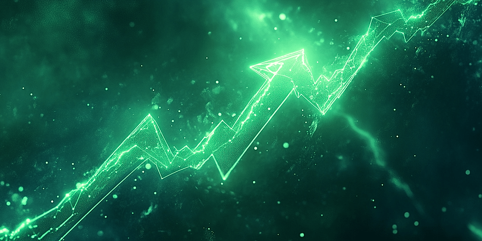 Abstract green line graph with upward trend on a dark textured background, featuring glowing elements and particles.