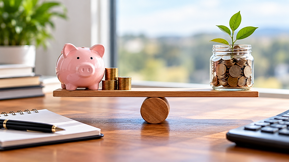 Piggy bank and coin jar balanced on a wooden seesaw, with notebook and calculator on a desk