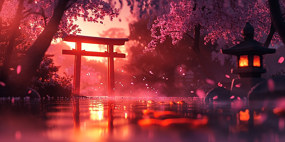 A serene landscape featuring a torii gate, cherry blossom trees, and a lantern by a misty water body at sunset.
