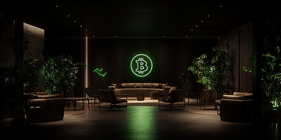 Modern lounge area featuring plants, leather furniture, and a green Bitcoin logo illuminated on the wall.