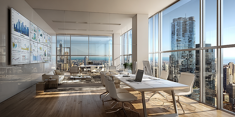 Modern office space with large windows, city skyline views, and screens displaying charts and data analytics.