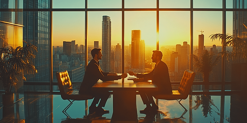 Silhouettes of two businesspeople meeting at a table, with a city skyline and sunset visible through large windows.