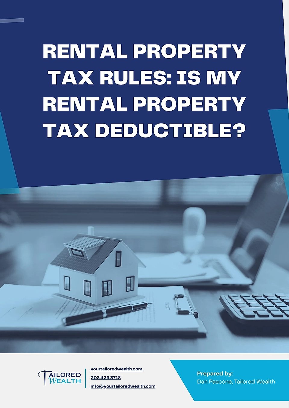 Informative flyer on rental property tax rules, featuring a model house, calculator, and business documents.