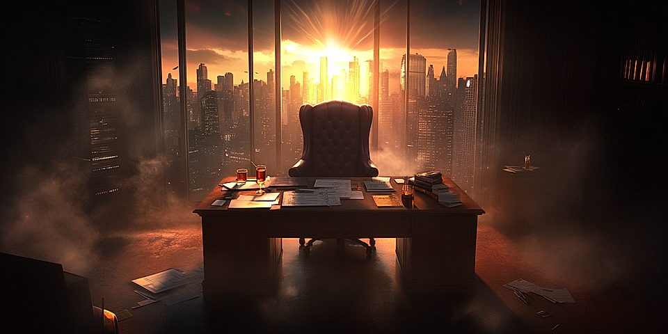An executive office with a large desk, an armchair, papers, and a city skyline view at sunset.