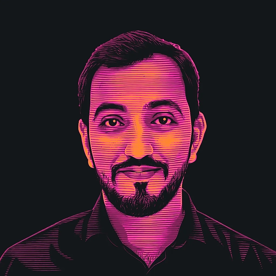 Stylized portrait of a man with a beard and black shirt, set against a dark background with vibrant pink and purple hues.