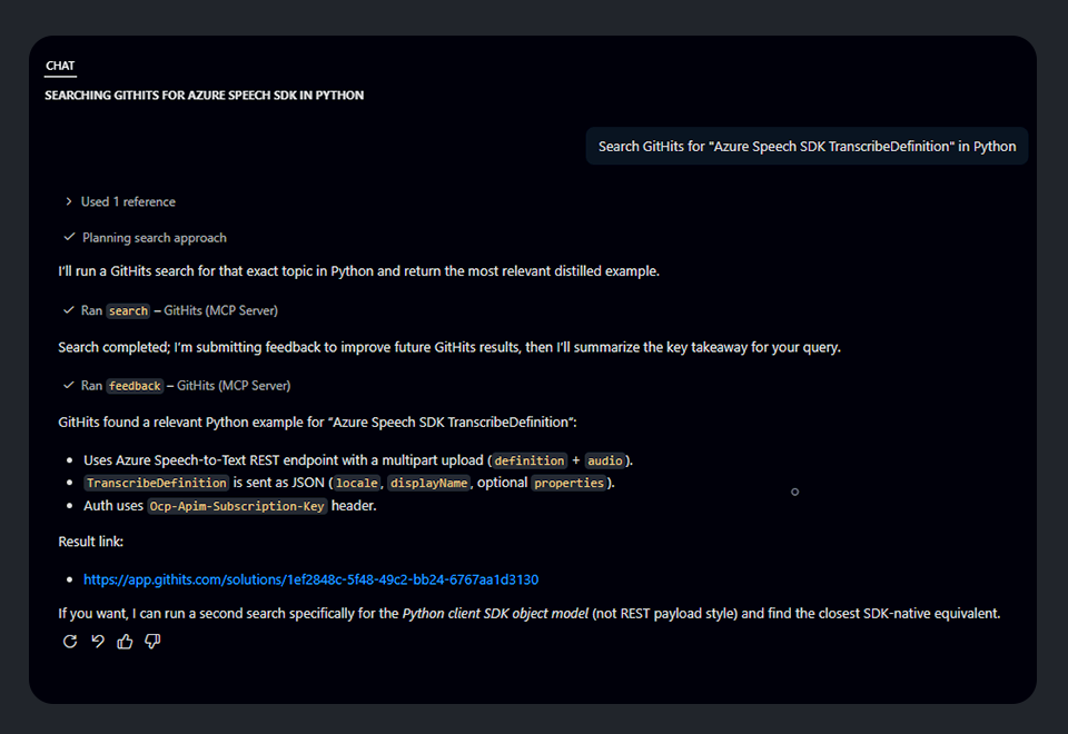 Screenshot of a chat interface showing a search for Python examples of Azure Speech SDK TranscribeDefinition on GitHits.