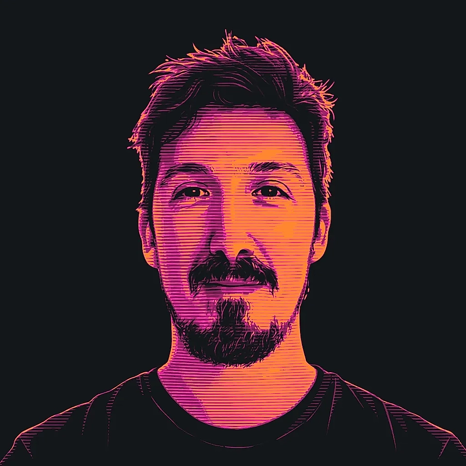 Digital artwork of a man with a beard and short hair, featuring vibrant pink and purple tones on a dark background.