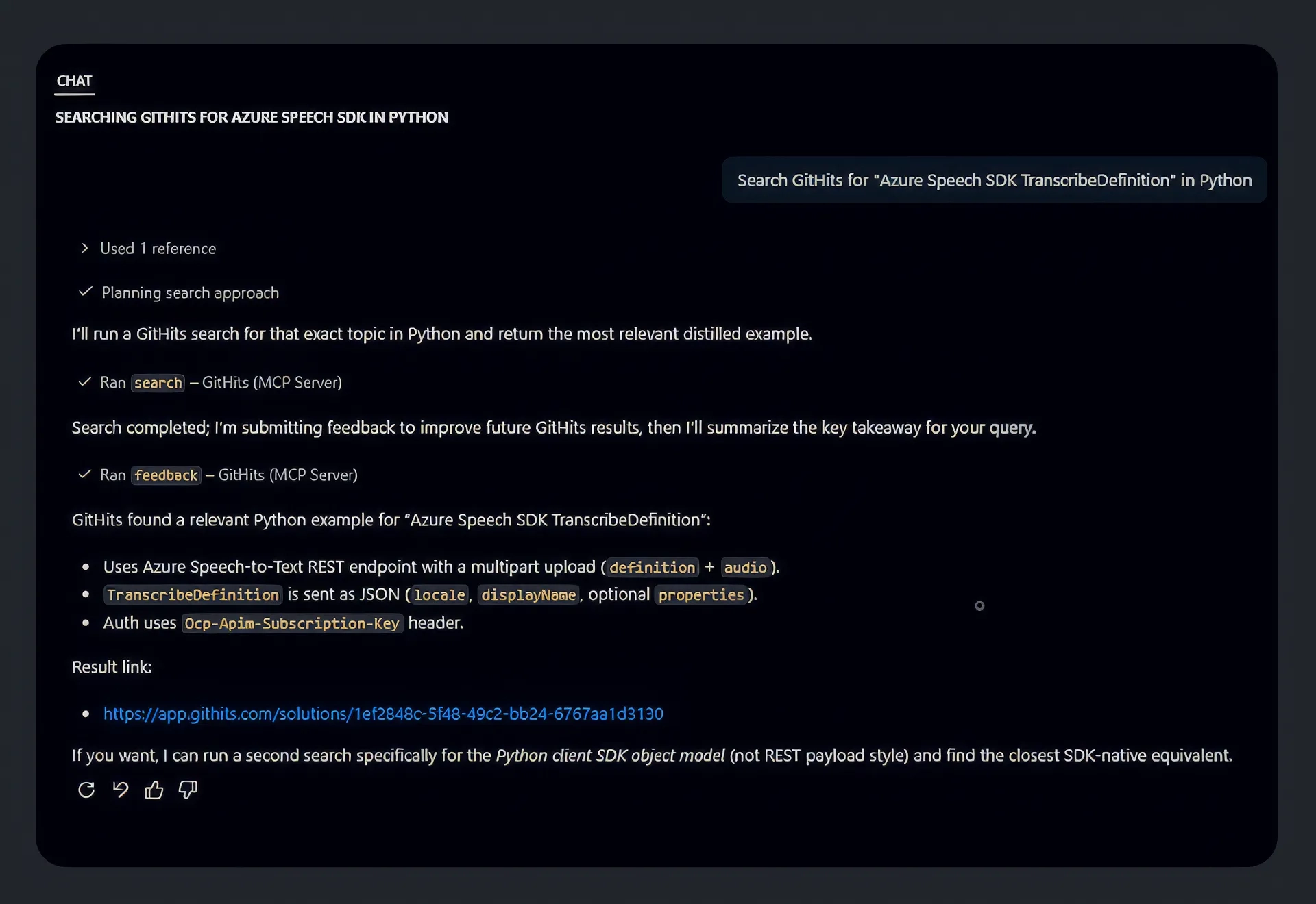 Screenshot of a chat interface showing a GitHub search for Azure Speech SDK TranscribeDefinition in Python.
