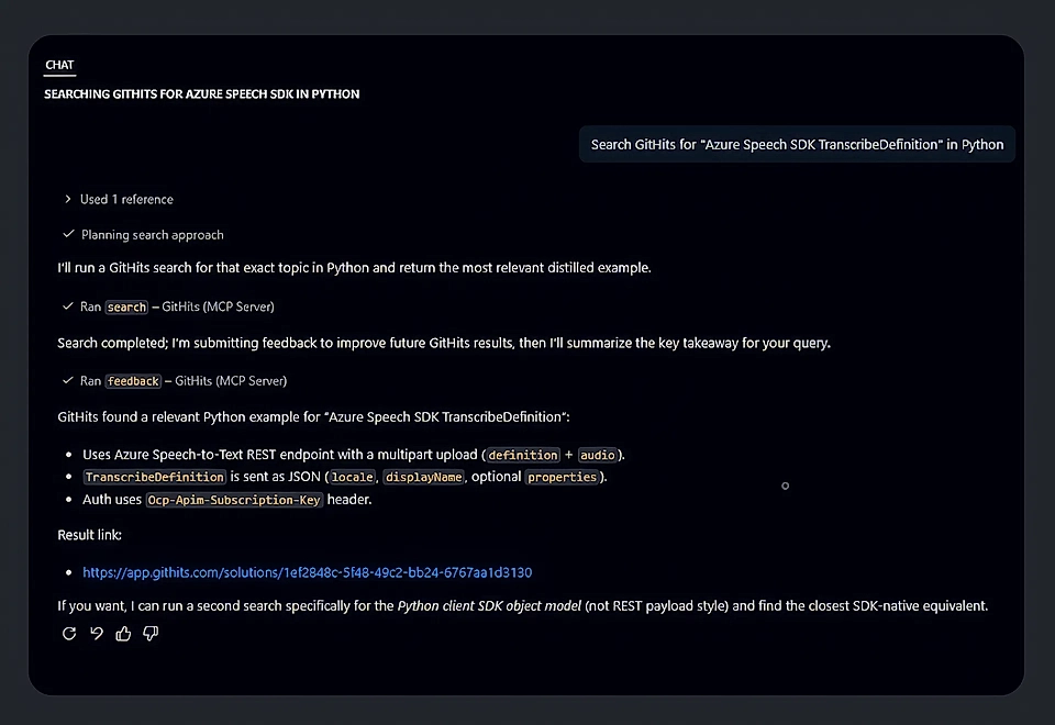 Screenshot of a chat interface showing a GitHub search for Azure Speech SDK TranscribeDefinition in Python.