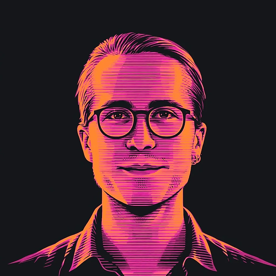 Digital illustration of a young man with glasses, smiling, featuring vibrant pink and orange lines on a dark background.