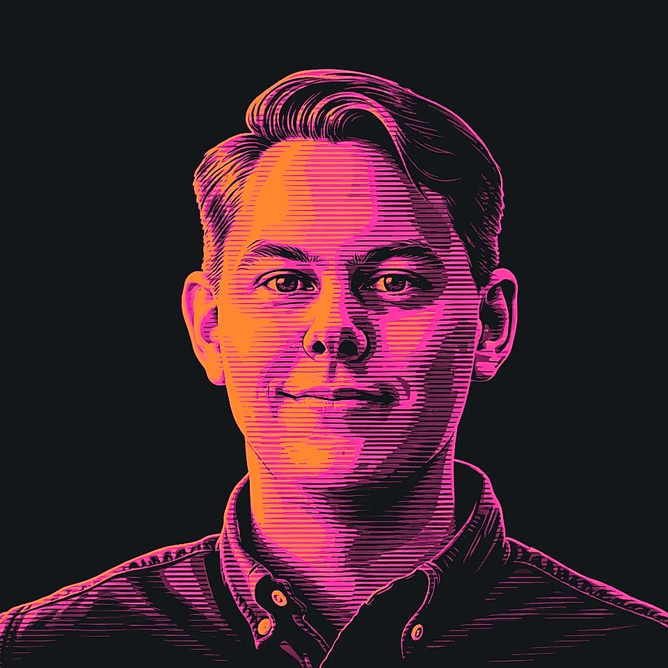 Digital portrait of a man with short hair, wearing a dark button-up shirt, set against a black background.