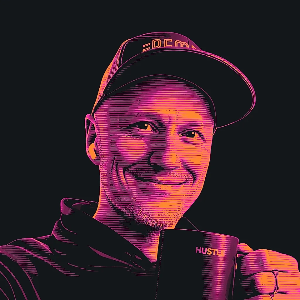 A smiling man with a cap holding a black mug labeled 'HUSTLE,' presented in vibrant colors and graphic lines.